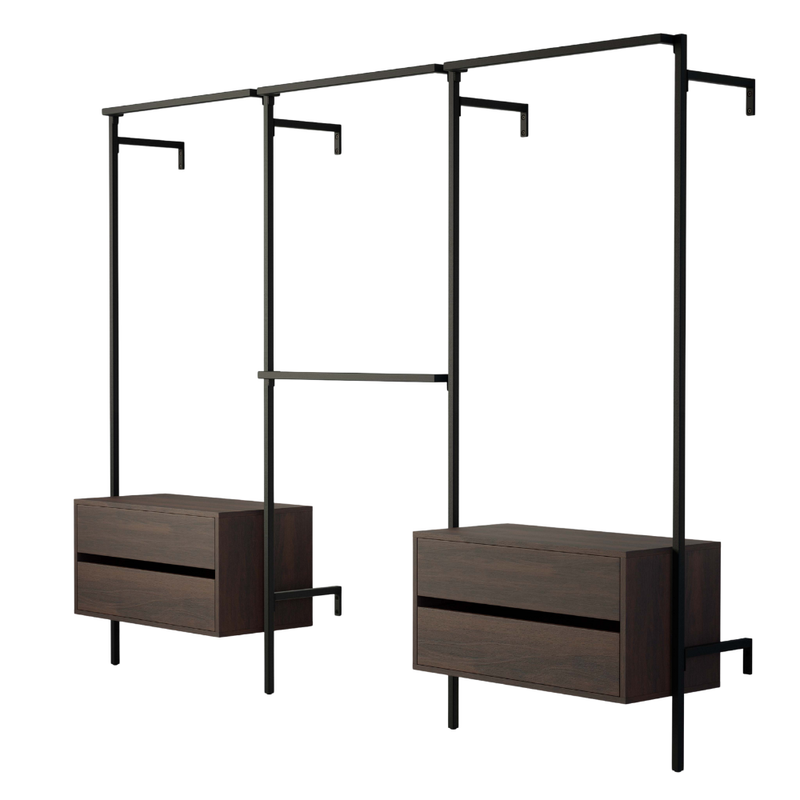 Frame Walk-In förvaringssystem med 3 sektioner och byråer - (1 stång + 1 byrå / 2 stänger / 1 stång + 1 byrå)