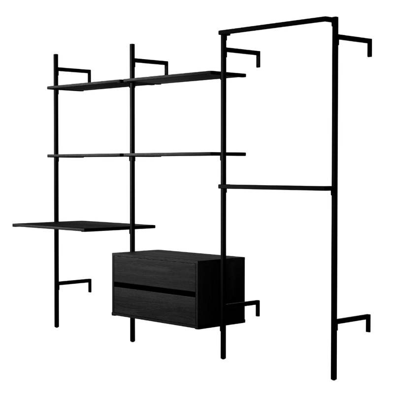 Frame Walk-In förvaringssystem med 3 sektioner och skrivbord - (2 hyllor + 1 skrivbord / 2 hyllor + 1 byrå / 2 stänger)