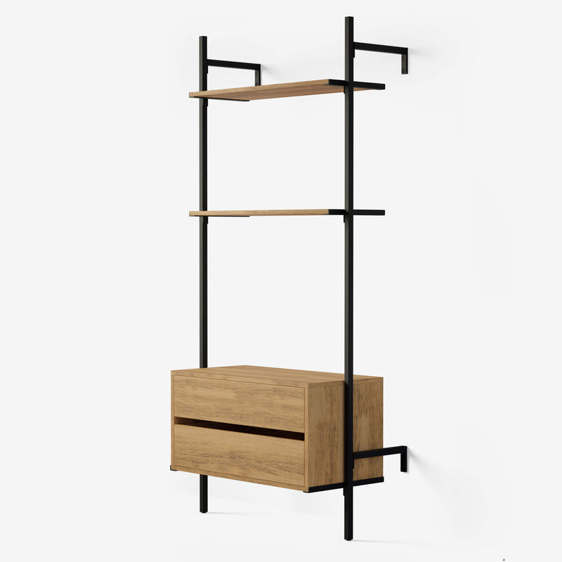 Begehbarer Kleiderschrank aus schwarzen, quadratischen Eisenrohren mit zwei Regalen und Kommode aus klassischer Eiche