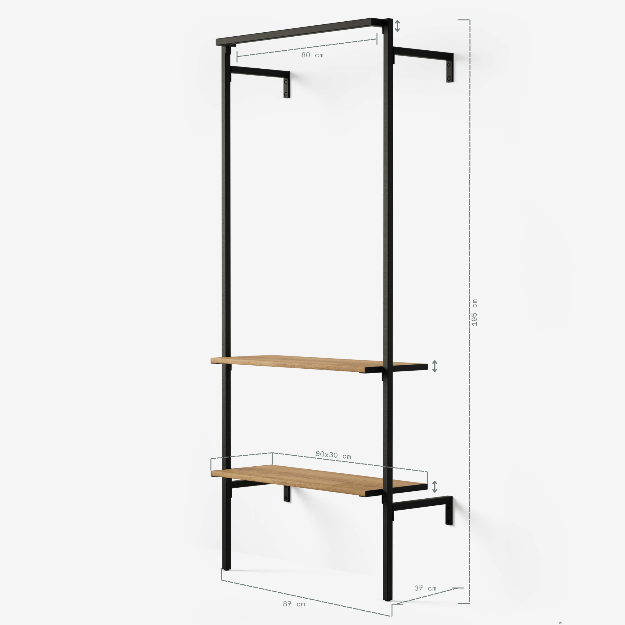 Schwarzes Stahlgestell mit zwei hellen Holzregalen und Maßen vor weißem Hintergrund in moderner Optik