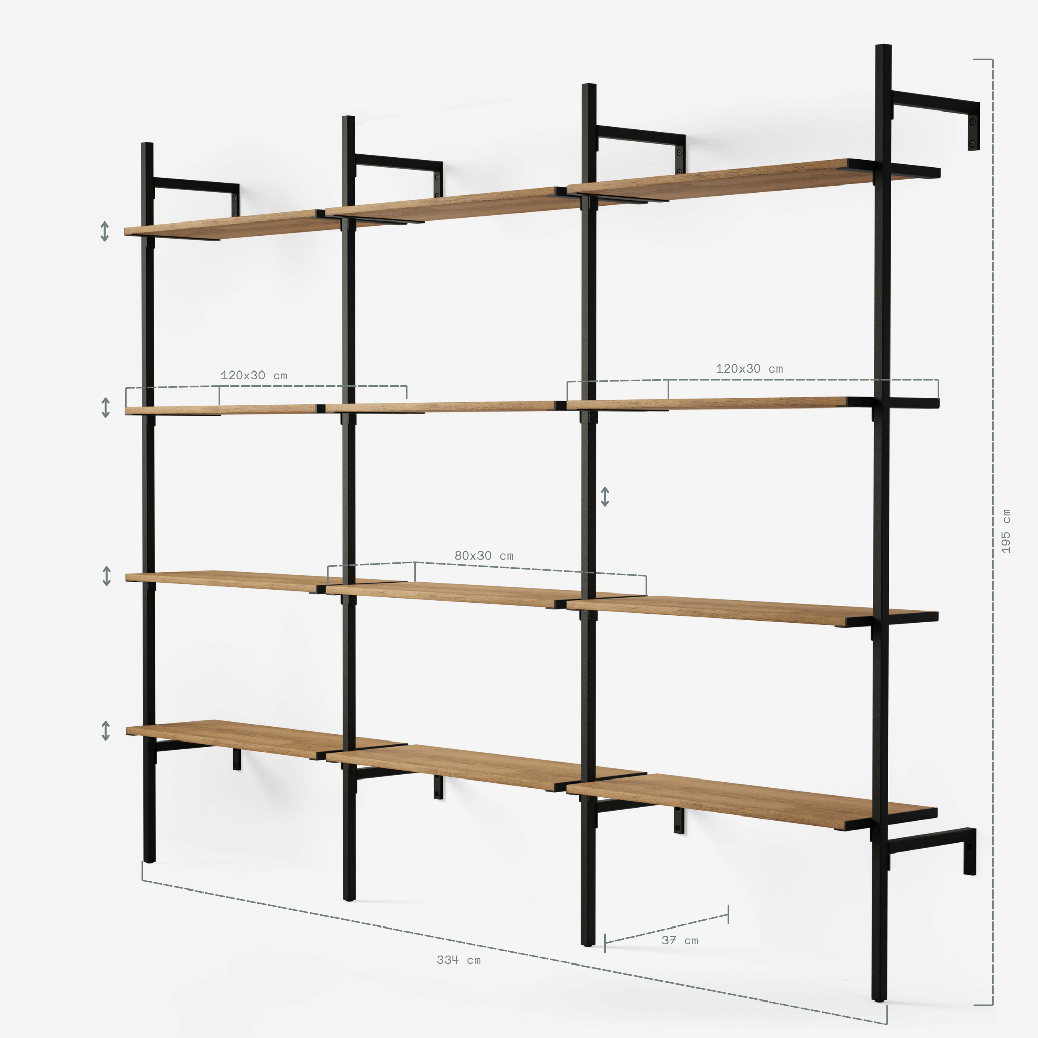 Schwarzes Metallregal mit vier Reihen Holzablagen und klaren Maßangaben auf weißem Hintergrund minimalistisch gestaltet