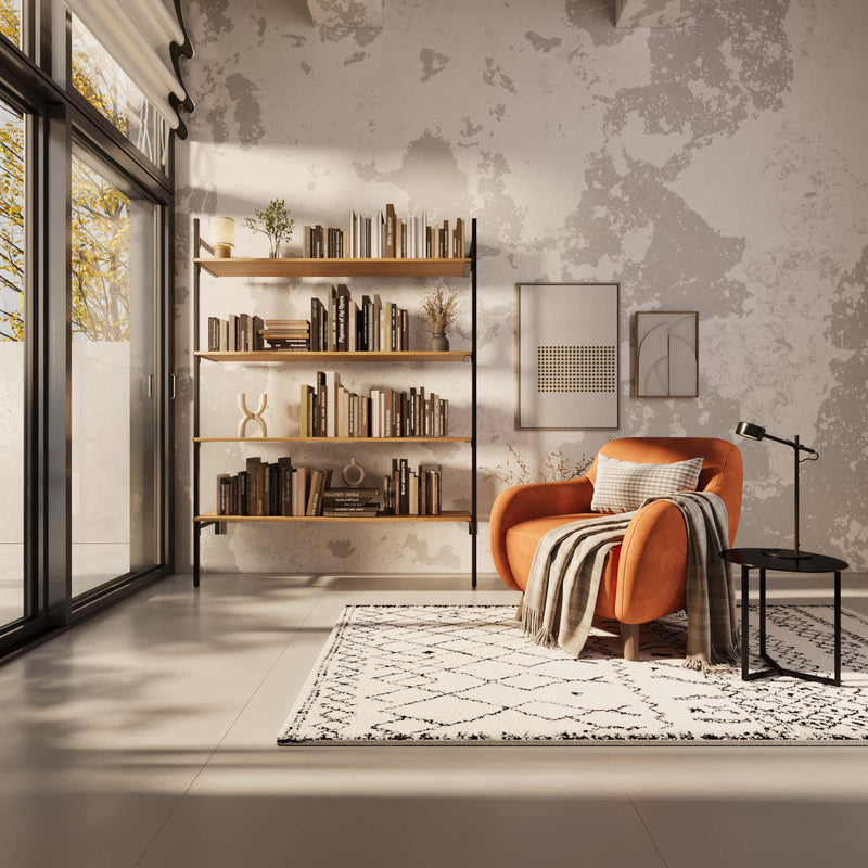 minimalistisches Bücherregal aus schwarzen Eisenrohren und Eichenholzregale für industrielles Design