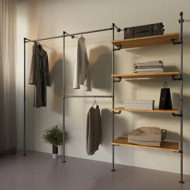 Original Walk-in förvaringssystem med 3 sektioner - (1 stång / 2 stänger / 4 hyllor)